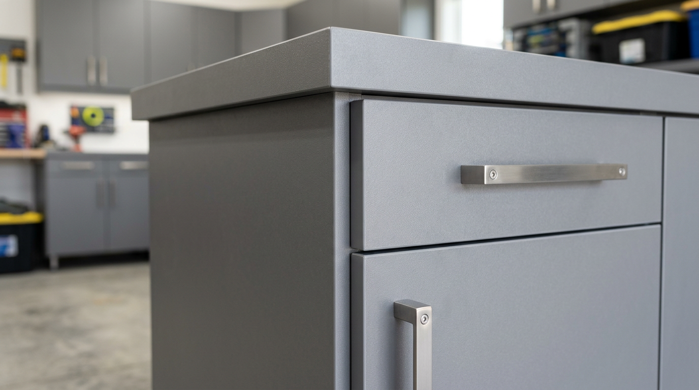 Gray office cabinet with drawers and metal handles in a workshop or garage setting