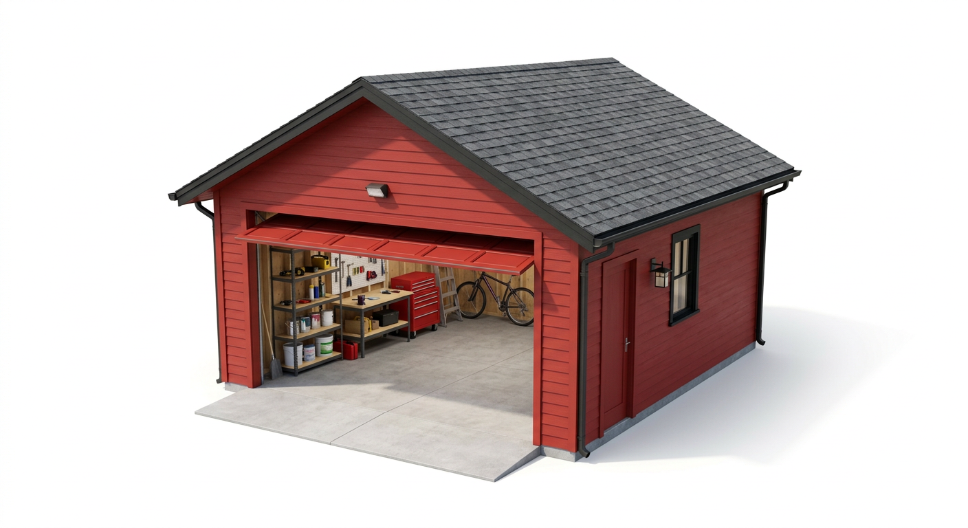 Red detached garage with open door, showing shelves and tools inside.