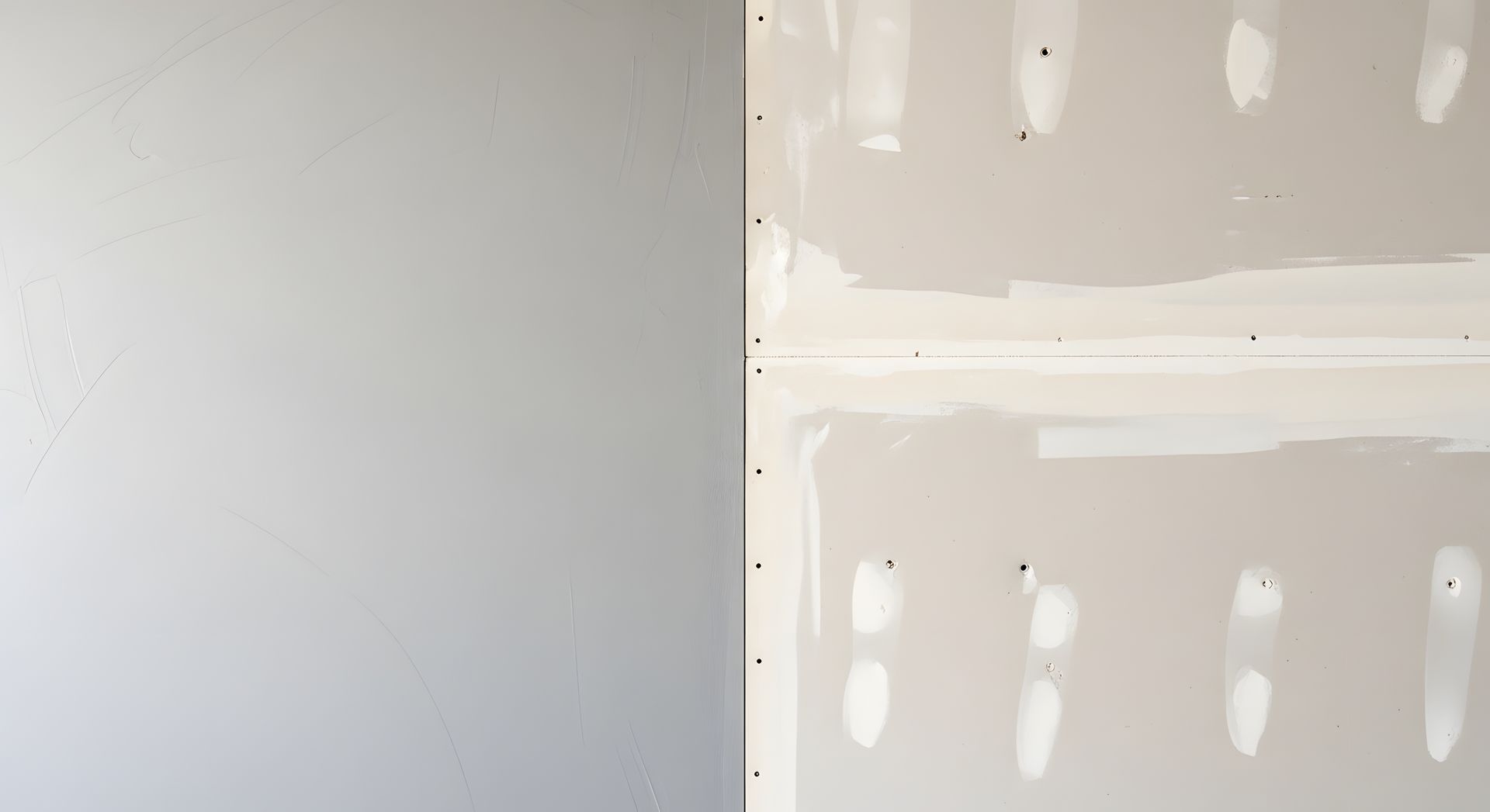 Unfinished drywall corner with taped seams and white-painted wall panel.