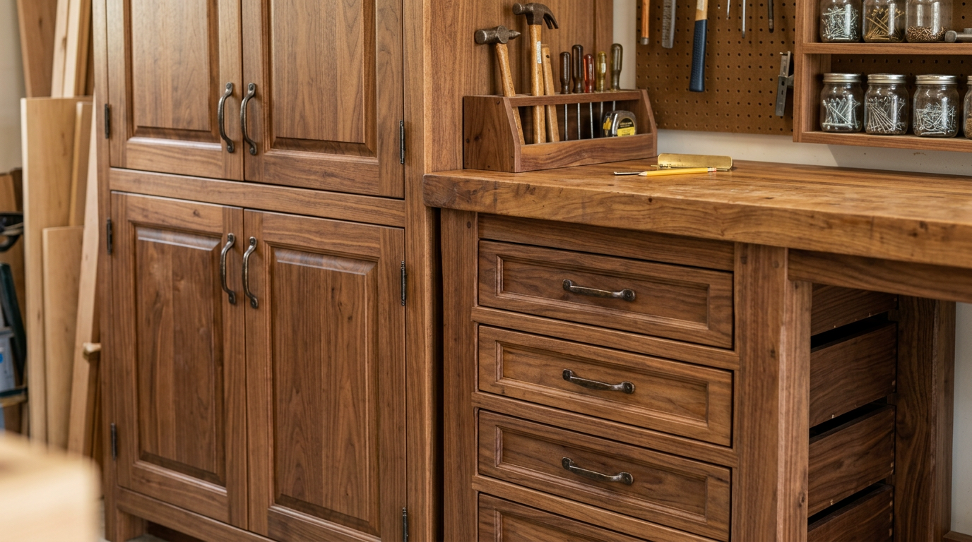 Wooden kitchen cabinets, drawers, and countertop with jars and utensils in a rustic interior.