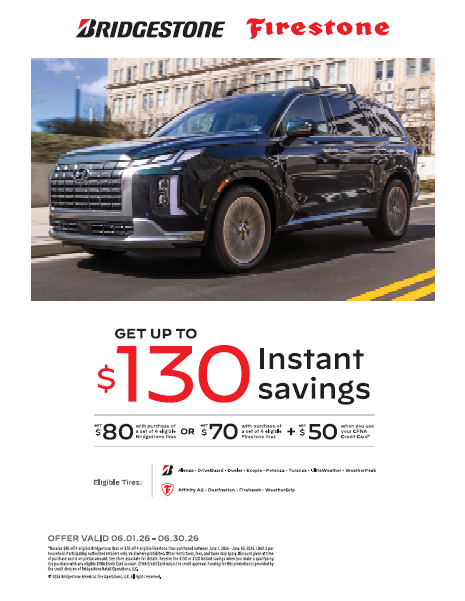 Bridgestone Firestone ad featuring a black SUV and $130 instant savings offer