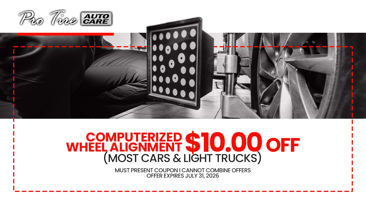 Auto service coupon ad for computerized wheel alignment, $10 off, with tires and alignment equipment.