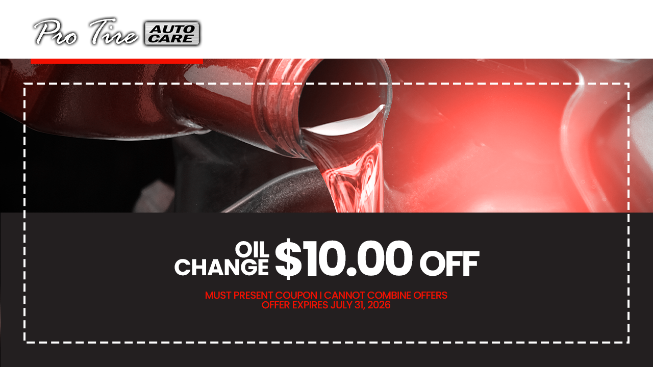Pro Feet sale banner with red sneakers and white text: “Oil change $10.00 off”