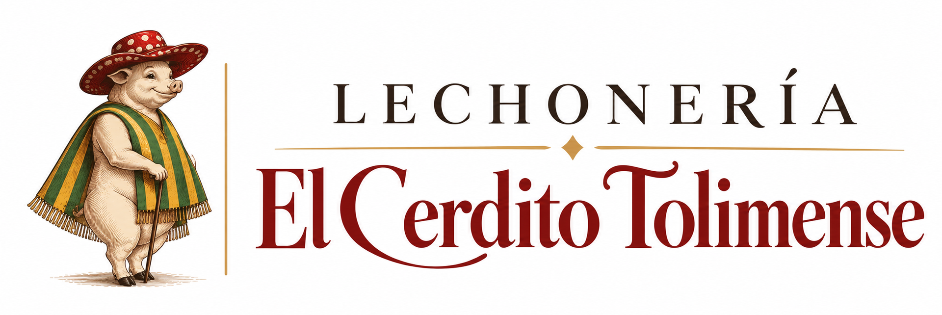 Logotipo para Lechonería El Cerdito Tolimense con un cerdito de caricatura con sombrero y texto rojo y dorado