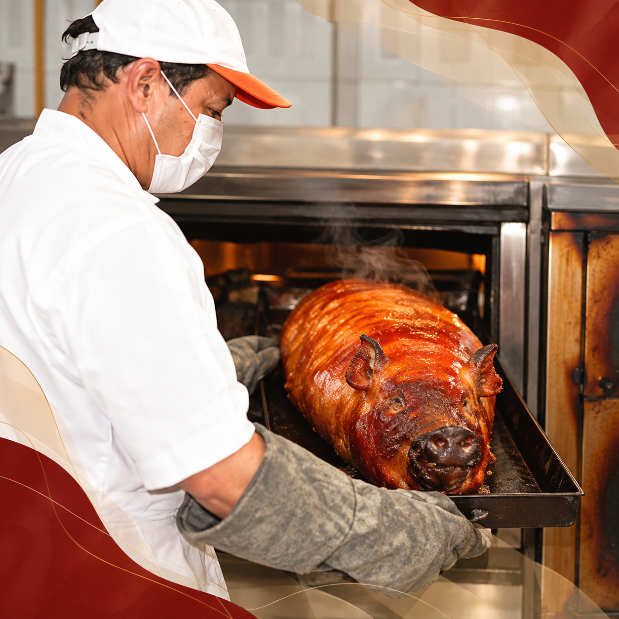 Un chef con mascarilla saca un cerdo asado del horno con unos guantes gruesos.