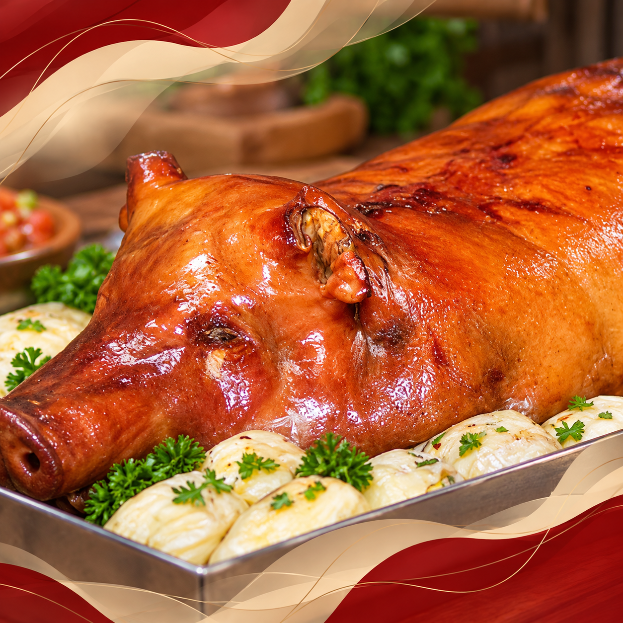 Cerdo entero asado en una bandeja, glaseado y adornado con perejil y arroz