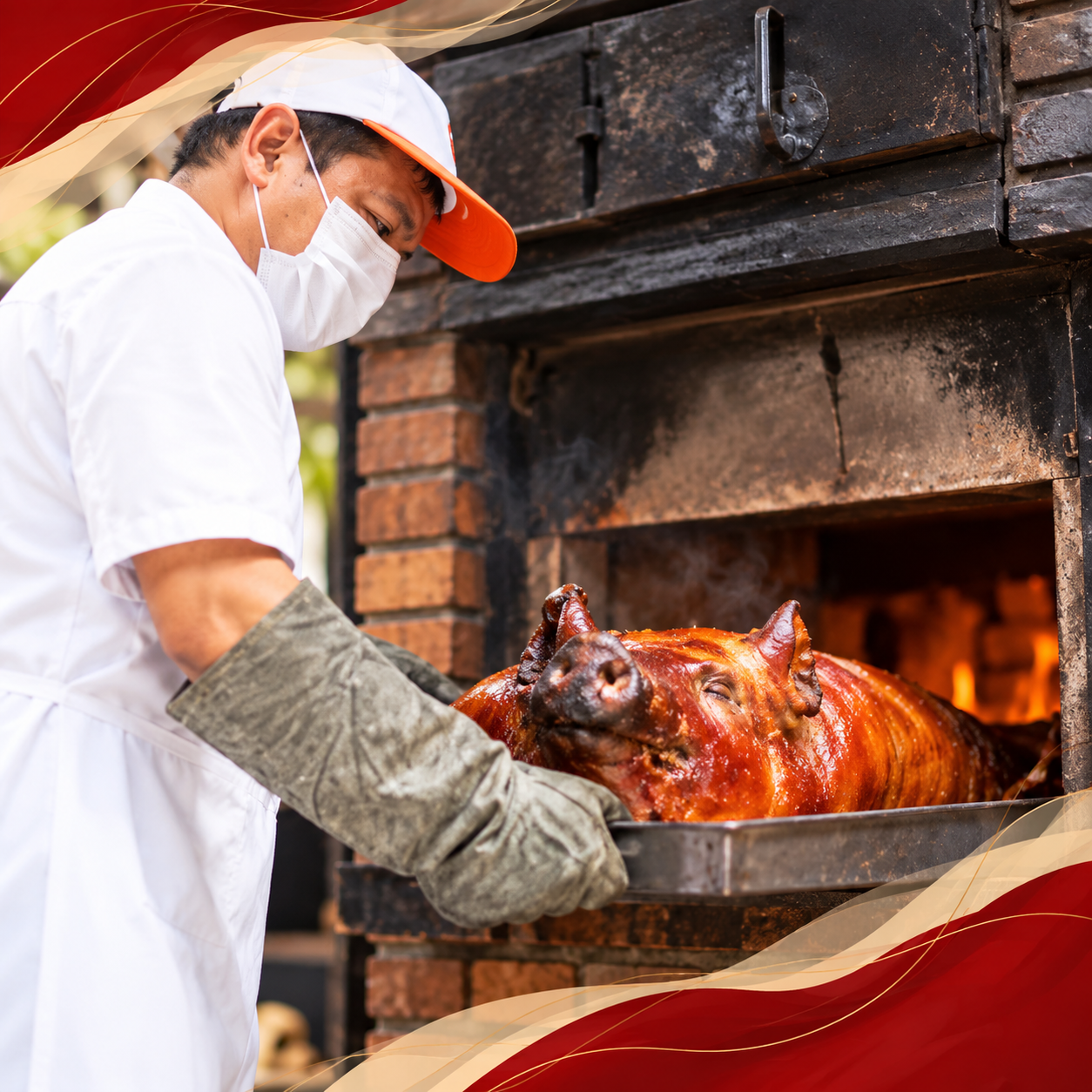 Un chef colocando un cerdo asado en un horno de ladrillo, con el calor y las llamas a la vista