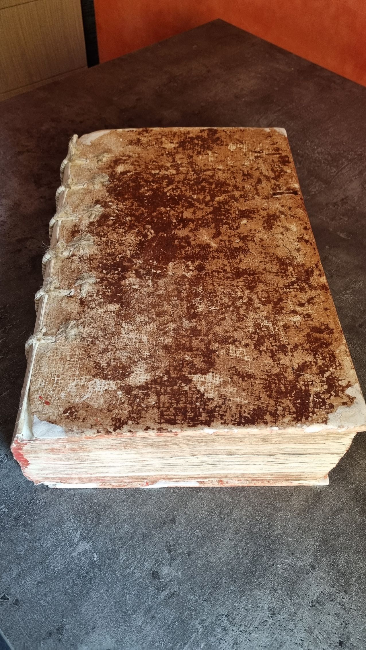 Un très vieux livre est posé sur une table.