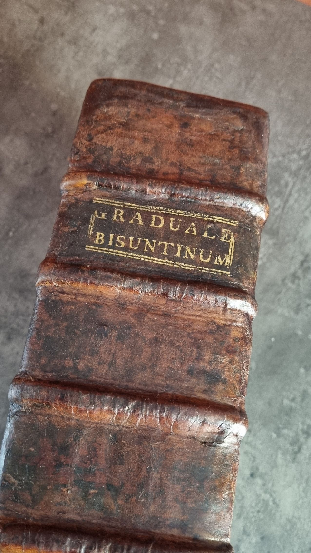 Un gros plan d'un vieux livre relié en cuir sur une table.