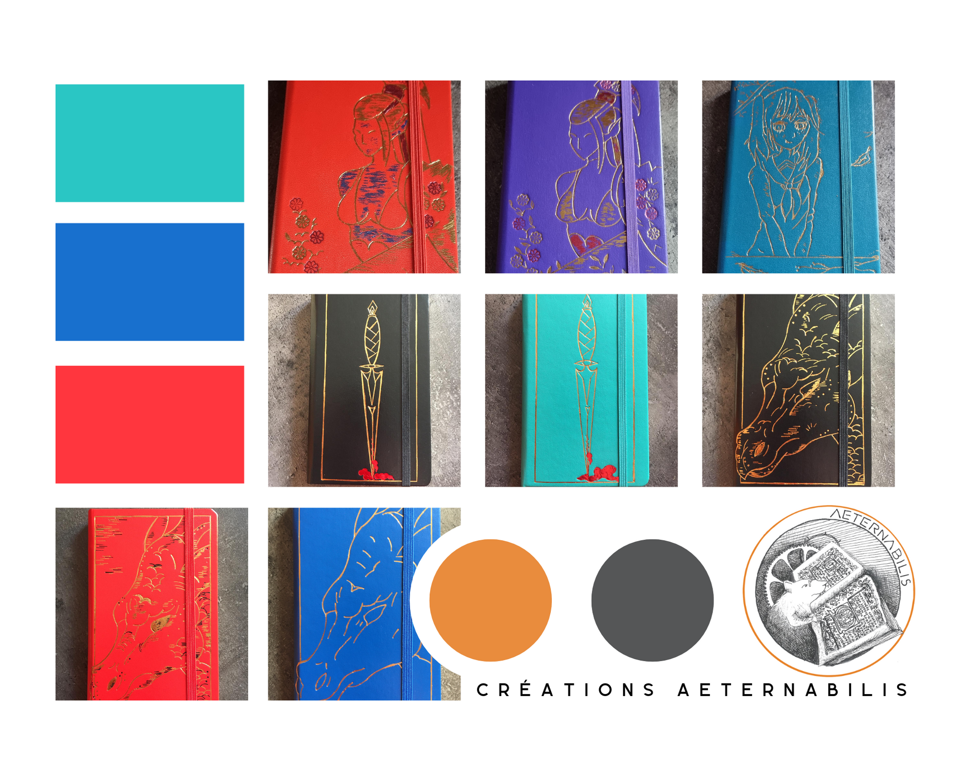 Un collage de boîtes de différentes couleurs avec le mot créations en bas