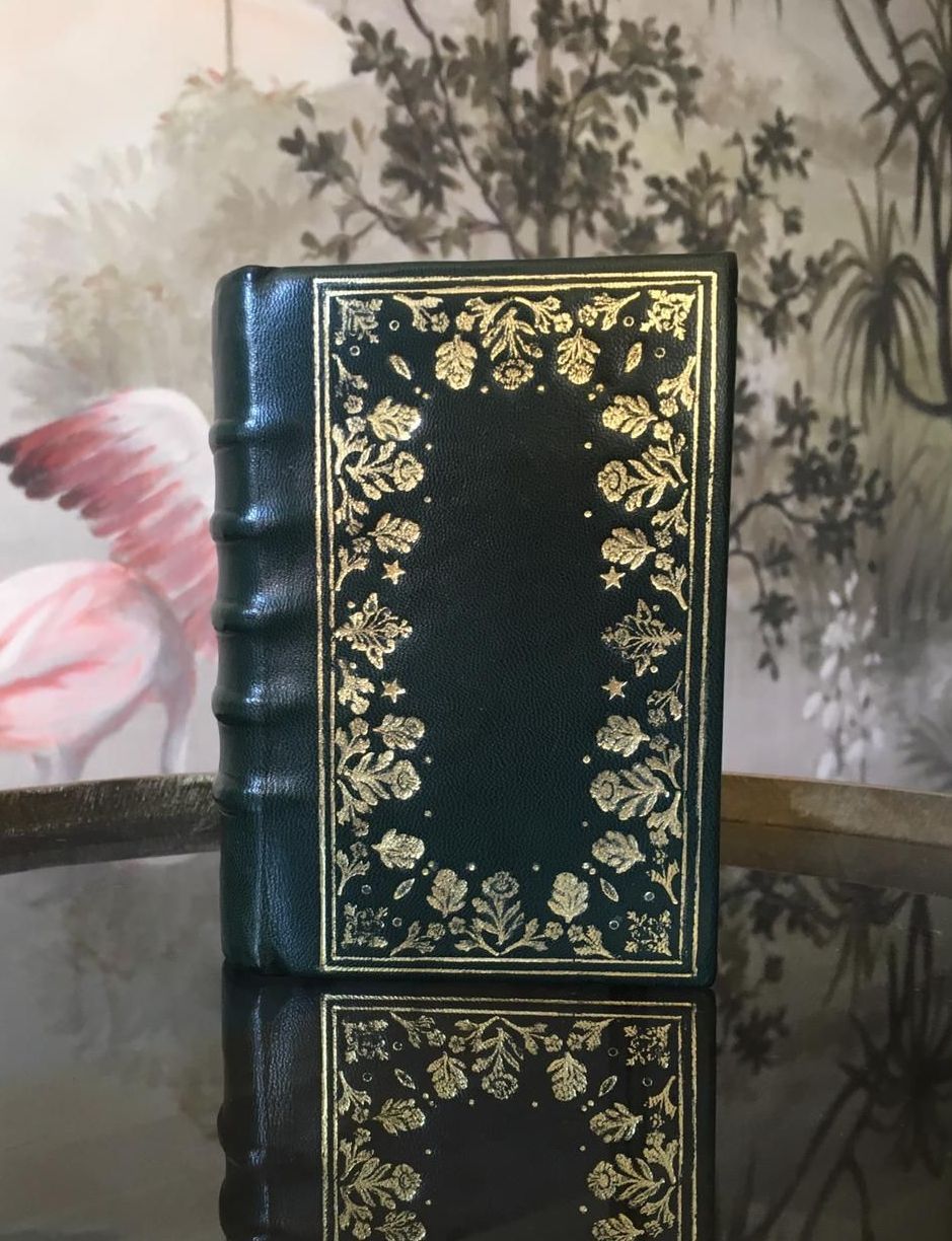 Un livre est posé sur une table avec un flamant rose en arrière-plan