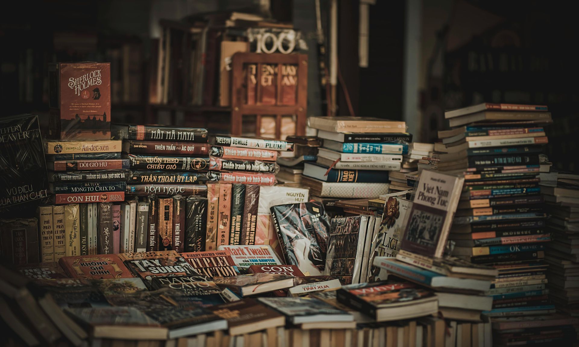 Un tas de livres sont empilés les uns sur les autres dans une bibliothèque.