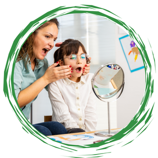 Woman guiding a child at a dentist chair, with mirror and worried expressions