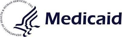 Medicaid logo with navy text and a stylized HHS emblem in black and blue