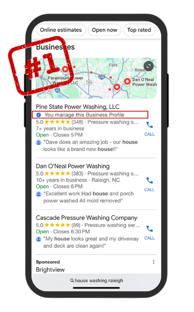 Two people are standing in front of a large tablet screen, looking at an exaggerated google maps listing and search bar.