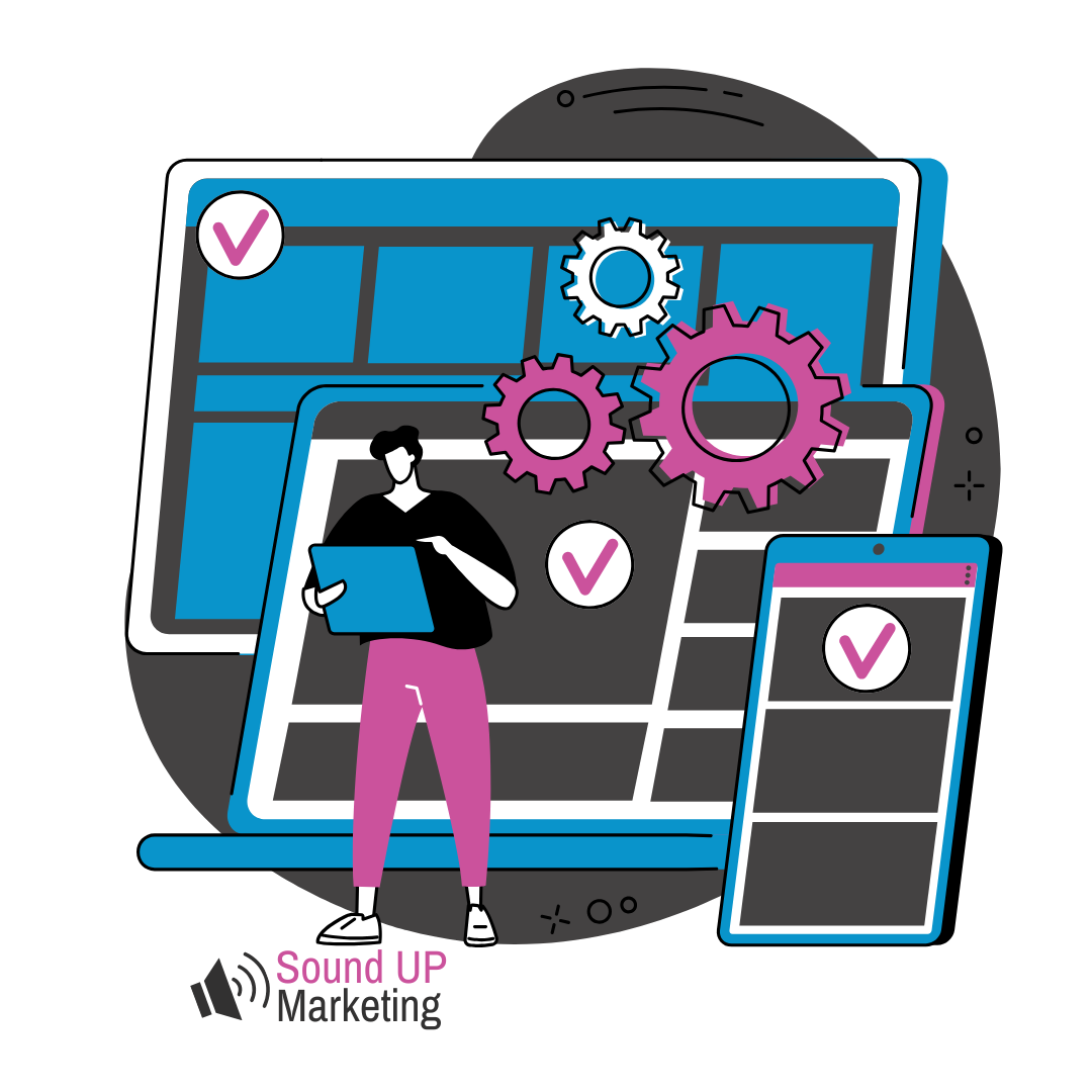a cartoon person standing in front of devices reflecting device-resposive long island seo services