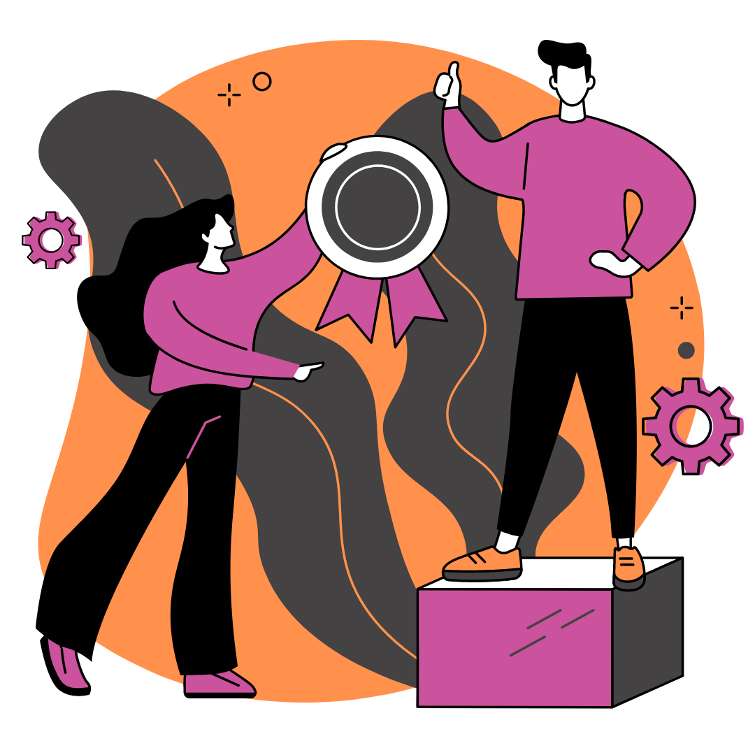 One person is handing an oversized achievement ribbon to another person standing on a podium, holding up one finger.