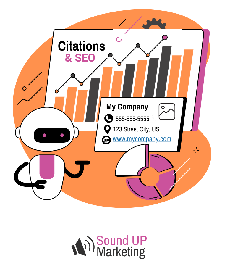 A robot is standing next to a business card and a graph.