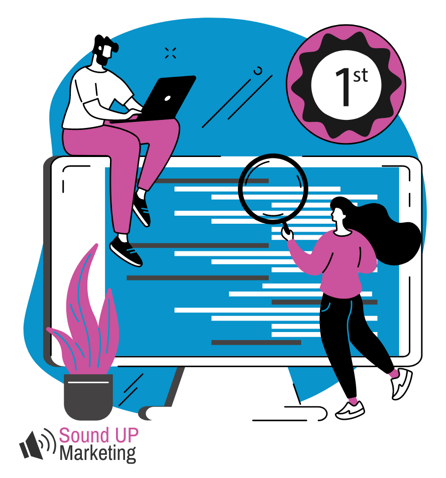A man and a woman are looking through a magnifying glass at a computer screen to show seo ranking