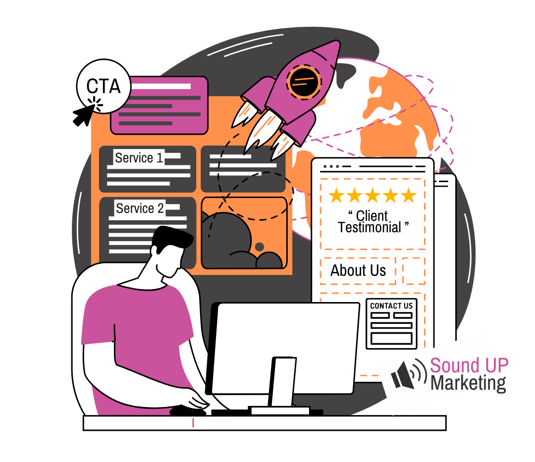 A man is sitting at a desk in front of a computer with illustrative web design