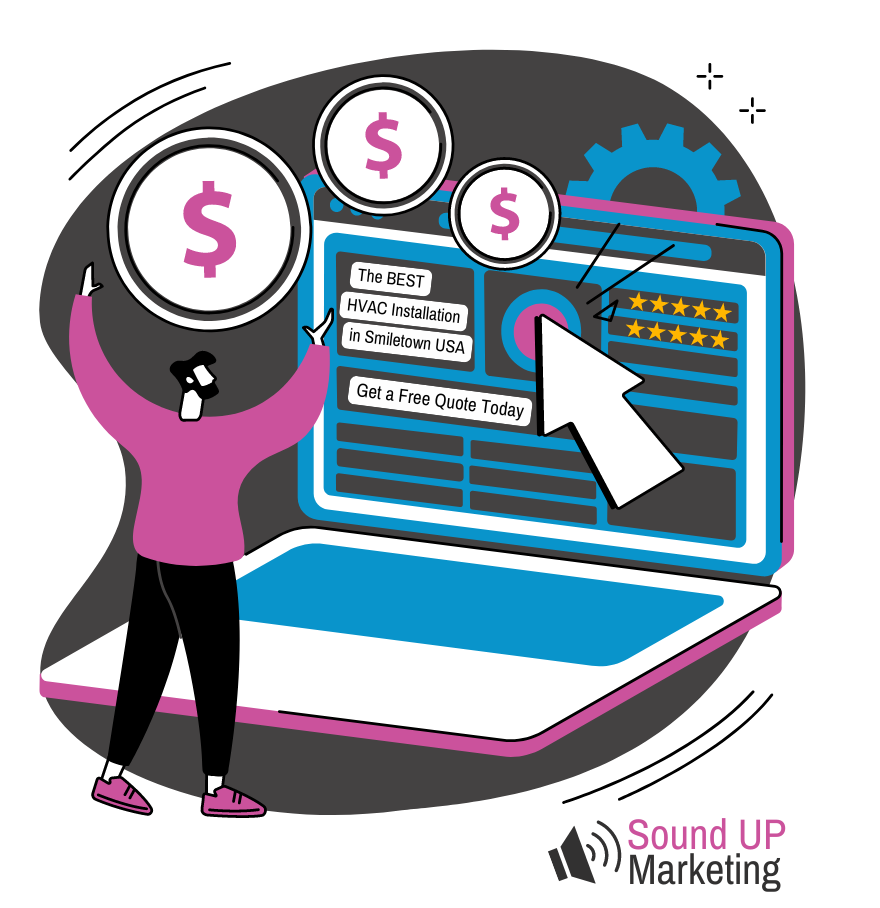 A cartoon of a man standing in front of a laptop computer.