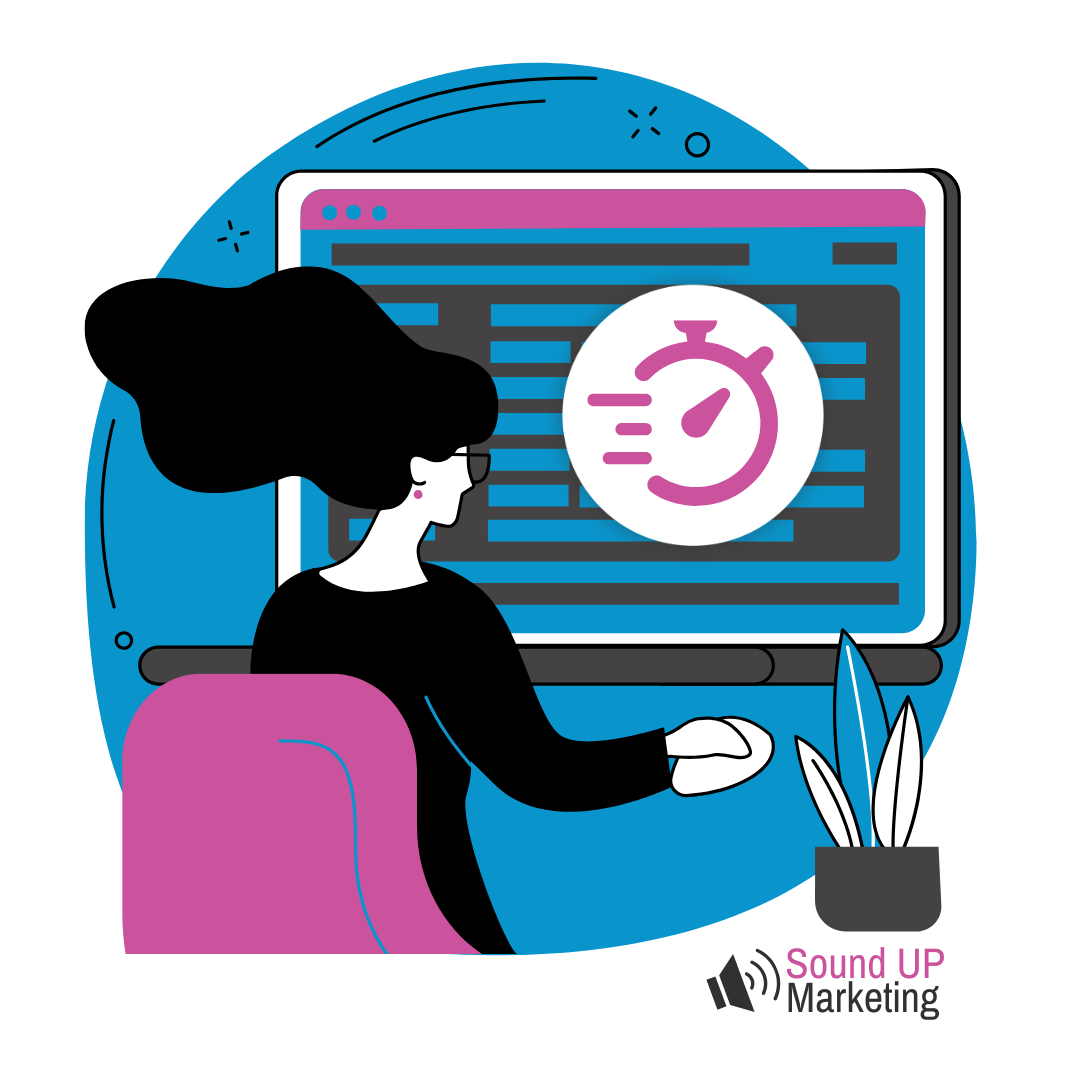 A woman is sitting in front of a computer screen with a clock on it to show site speed in seo