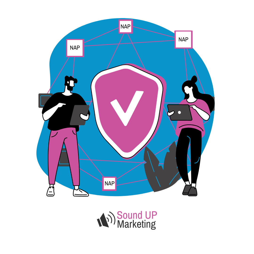 A man and a woman are standing next to a shield with a check mark on it.