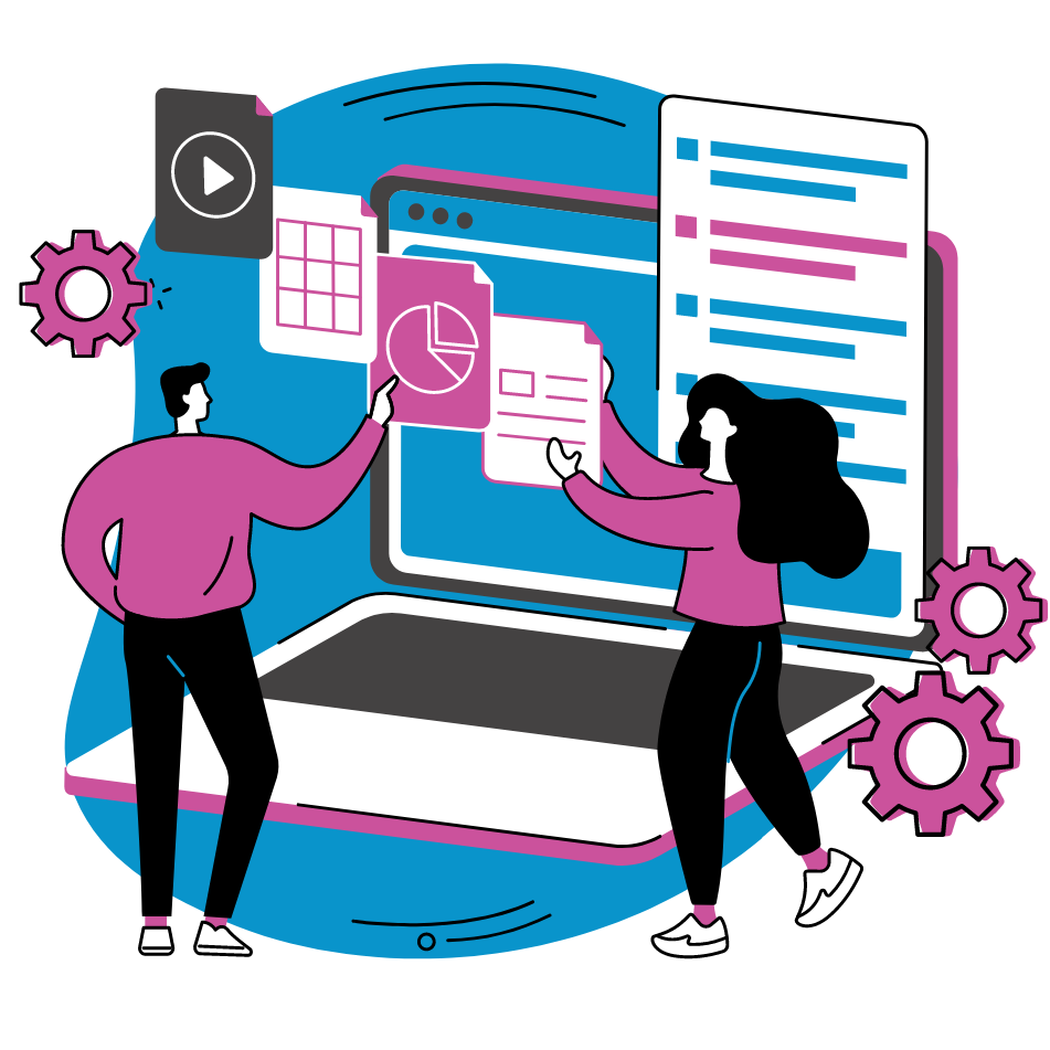 Two people are pulling out pieces of information from a website on an exaggerated laptop and researching for SEO.