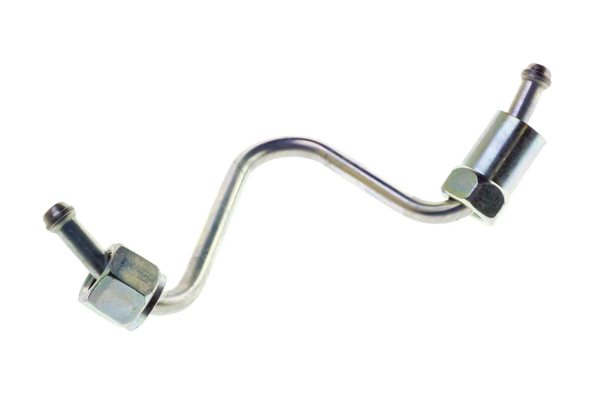 Curved metal pipe with hex fittings on both ends, isolated on a white background