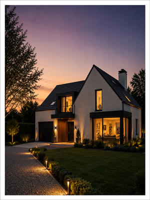 Modern huis in de schemering met warme binnenverlichting en een aangelegde voortuin.