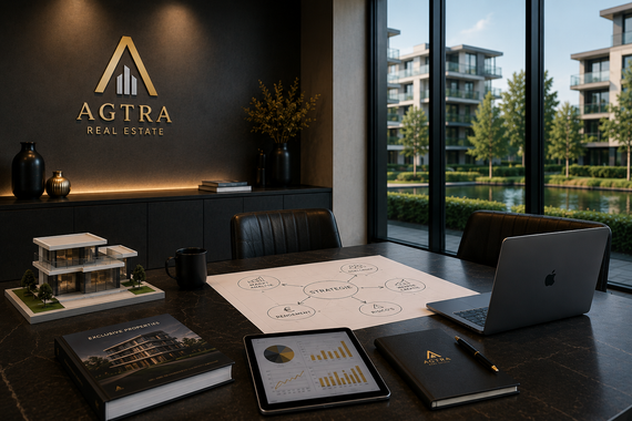 Twee professionals bekijken plattegronden in een modern kantoor met laptops en uitzicht op het appartementencomplex.