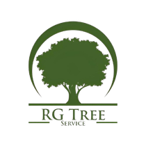 Logo: Dark green tree silhouette within a green arch and above "RG TREE SERVICE."