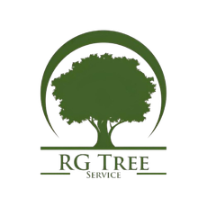 Logo: Dark green tree silhouette within a green arch and above "RG TREE SERVICE."