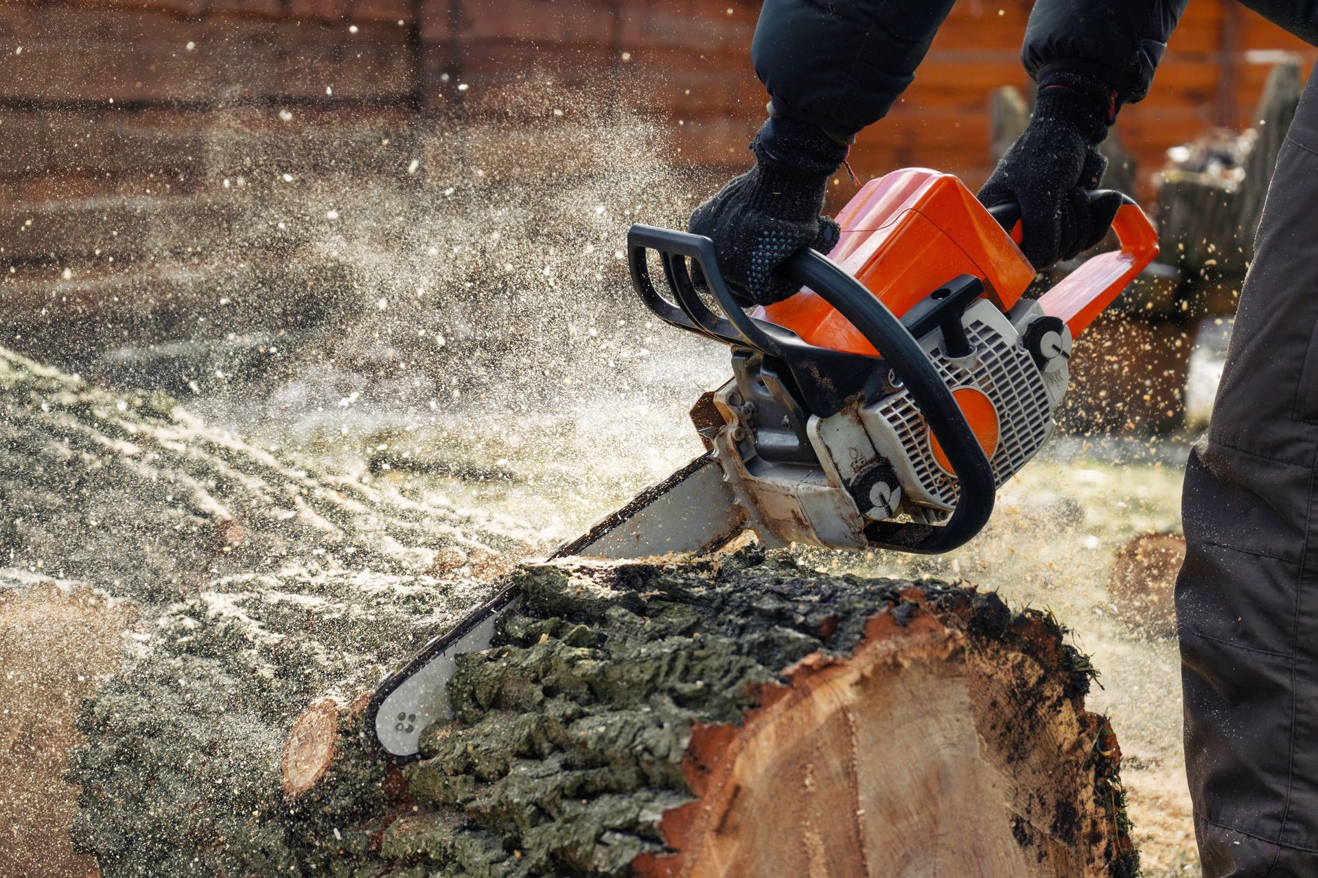 Person using a chainsaw to cut a log, with sawdust flying.
