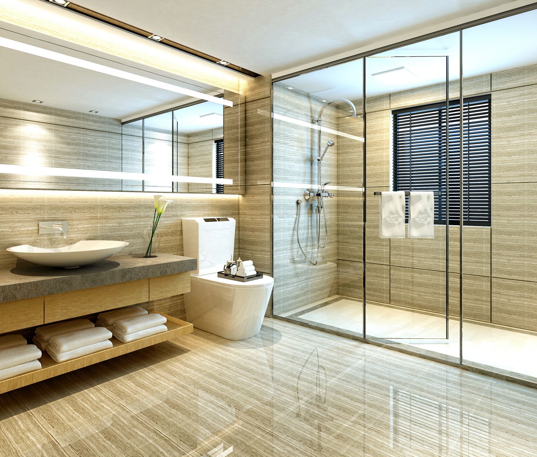 Un bagno con wc, lavandino e doccia.