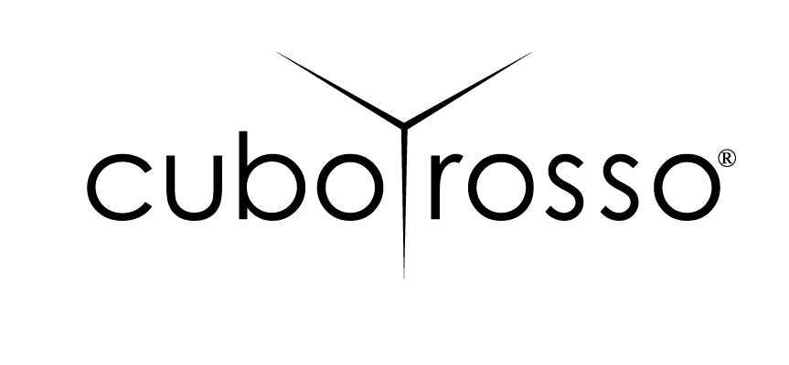 Un logo in bianco e nero per cubo rosso su uno sfondo bianco.