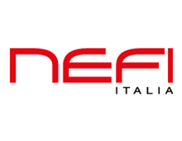 Un logo Nefi Italia rosso su sfondo bianco