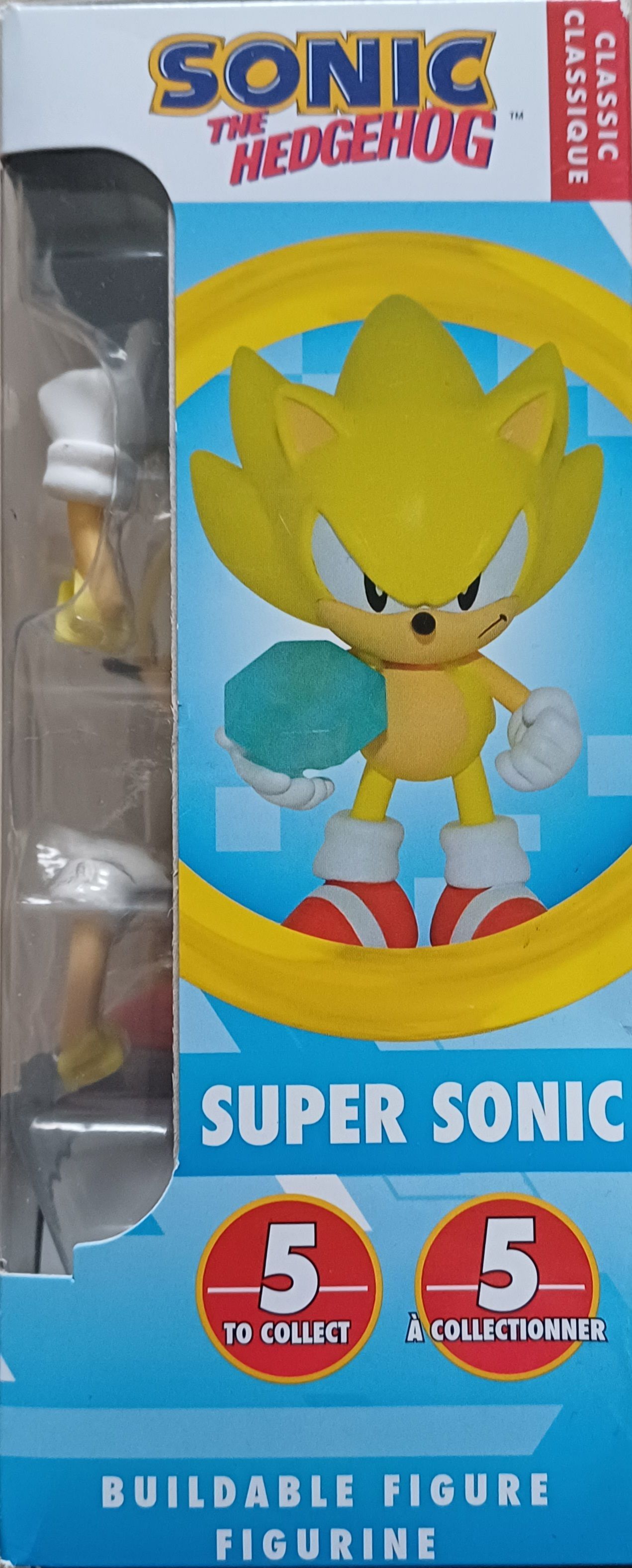 Super Sonic actiefiguur in verpakking. Gele egelfiguur met extra ledematen en edelsteen.