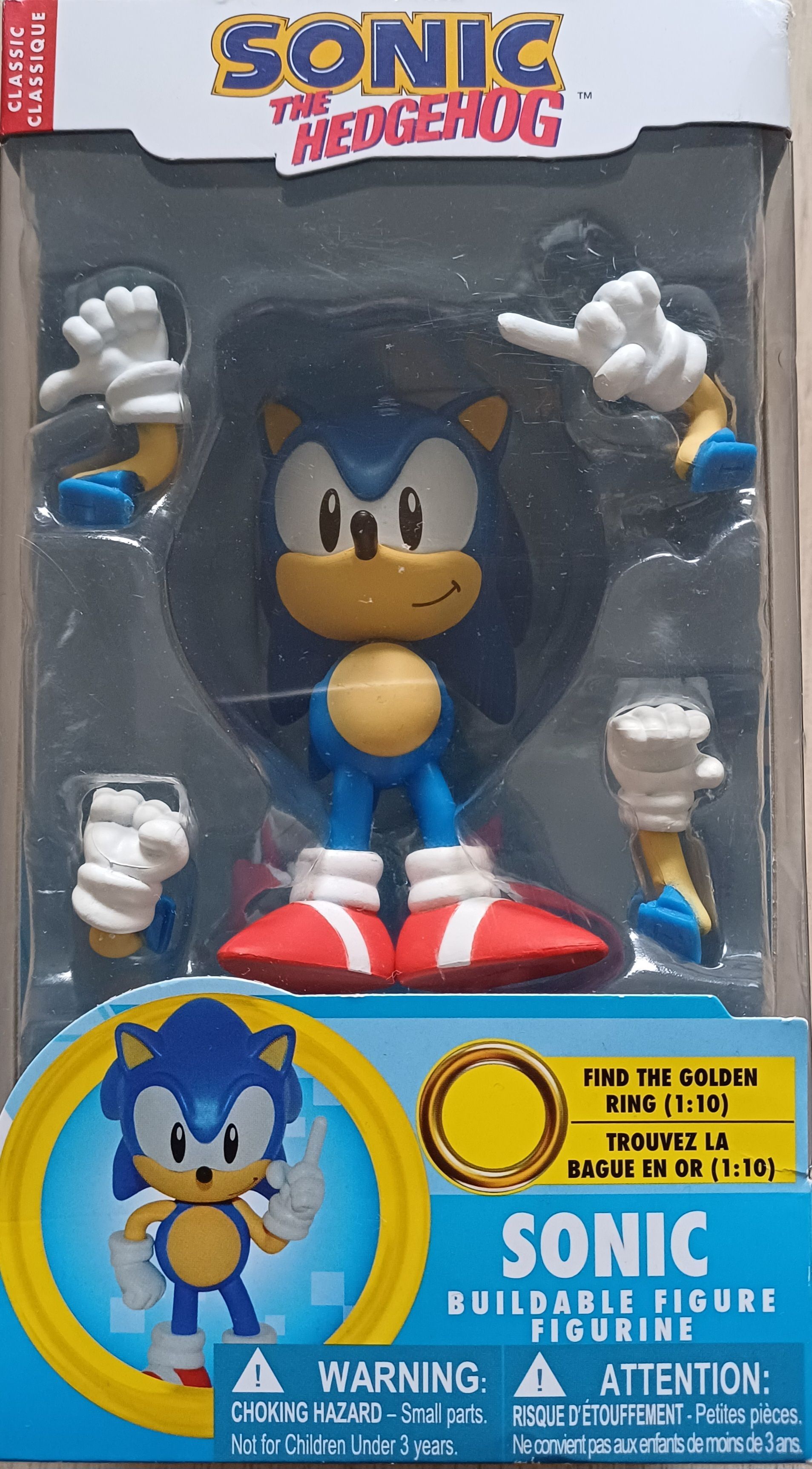 Sonic the Hedgehog actiefiguur in verpakking, inclusief verwisselbare handen.