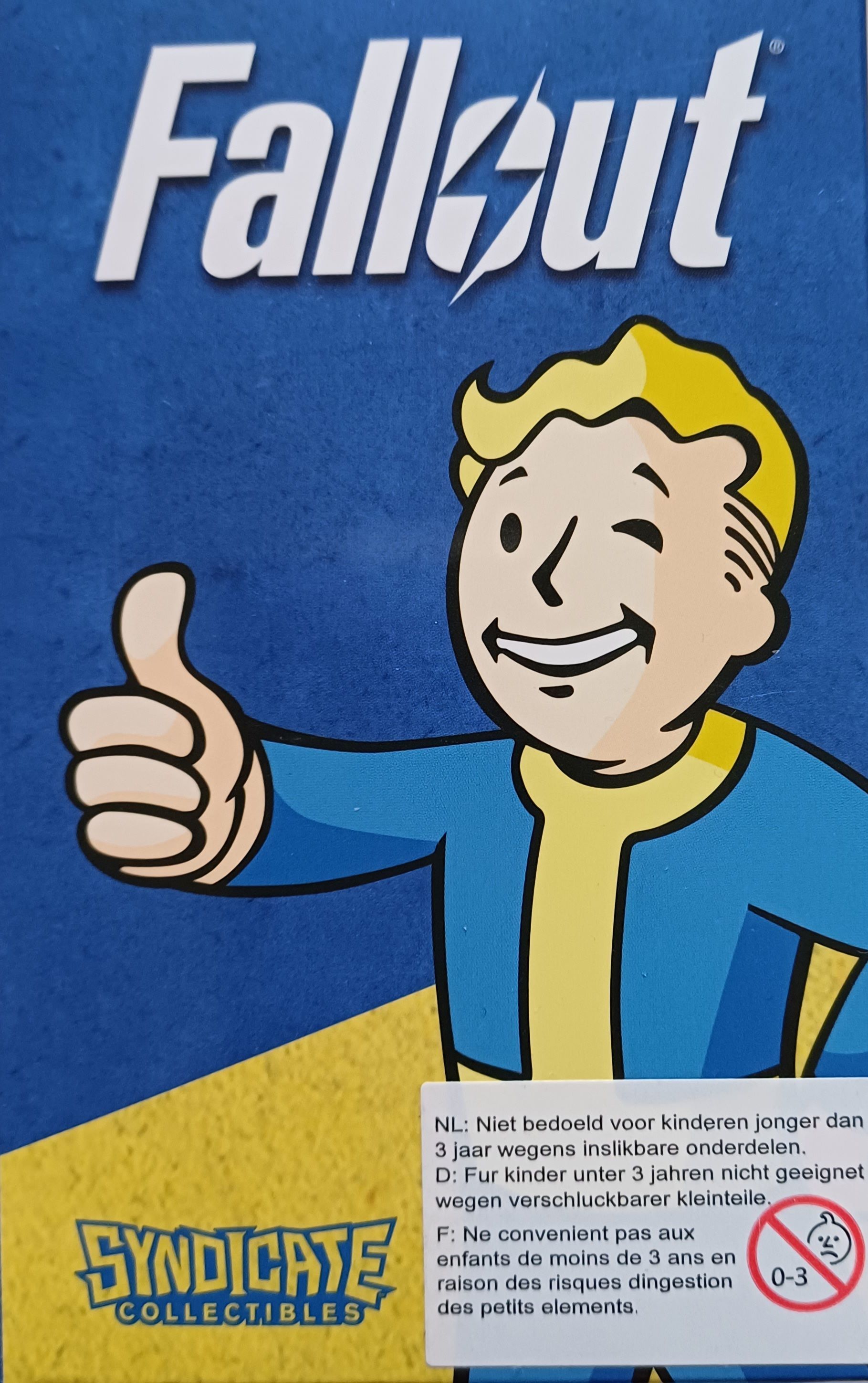 Fallout Vault Boy-figuurtje. Vault Boy lacht en steekt zijn duim omhoog; in de kleuren blauw, geel en wit.