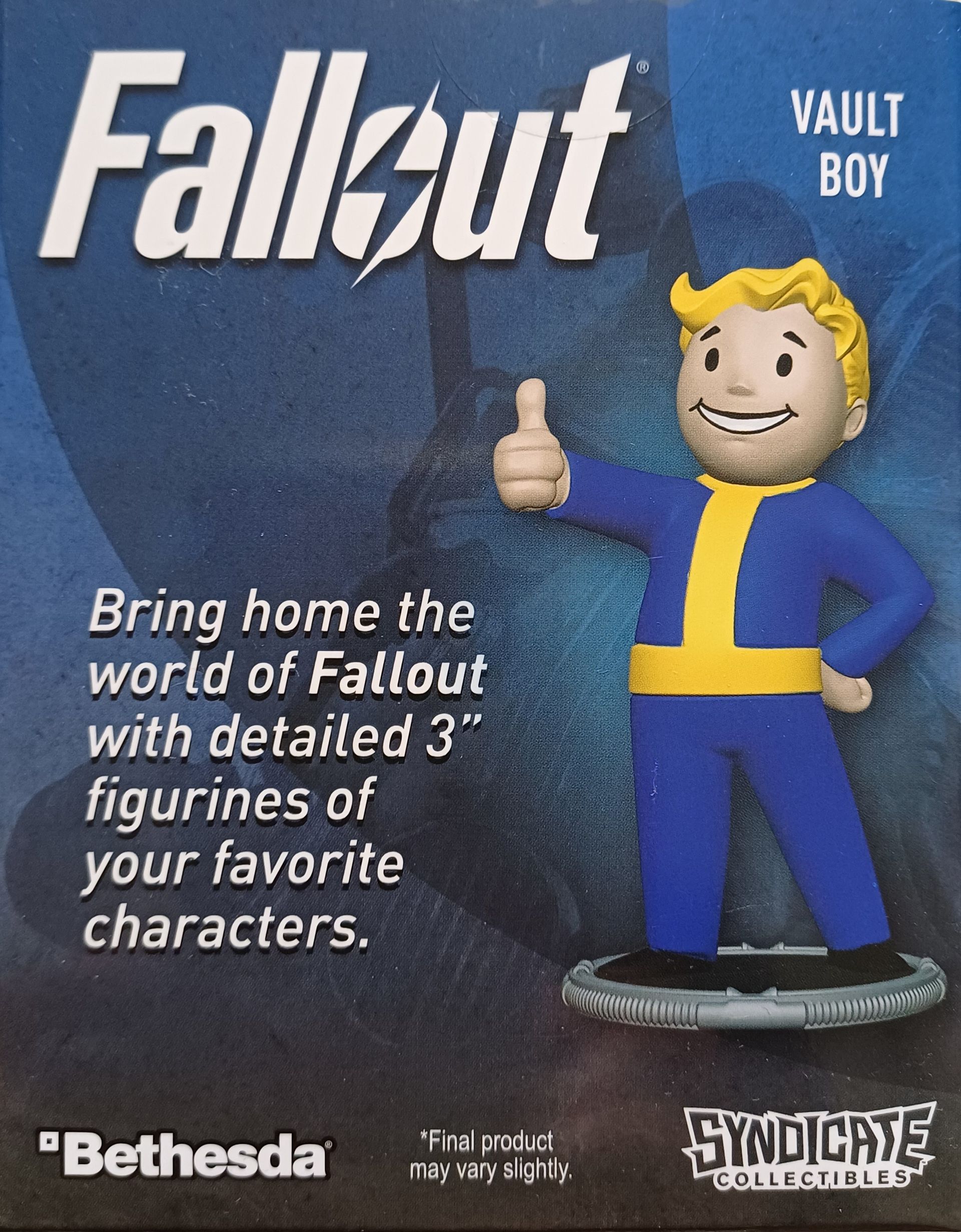 Fallout Vault Boy-figuurtje. Vault Boy lacht en steekt zijn duim omhoog; in de kleuren blauw, geel en wit.