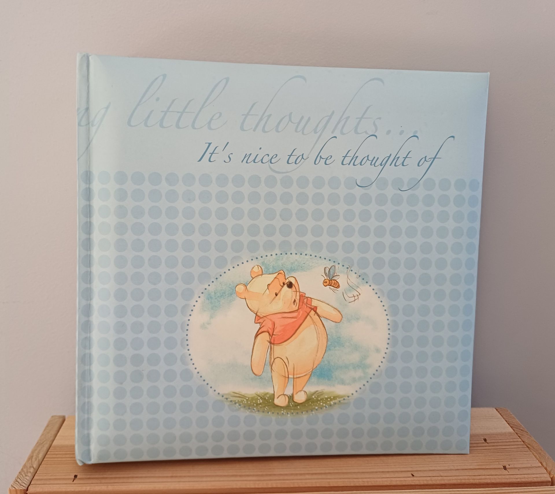 Blauw babyherinneringsboek met Winnie de Poeh en een vlinder.