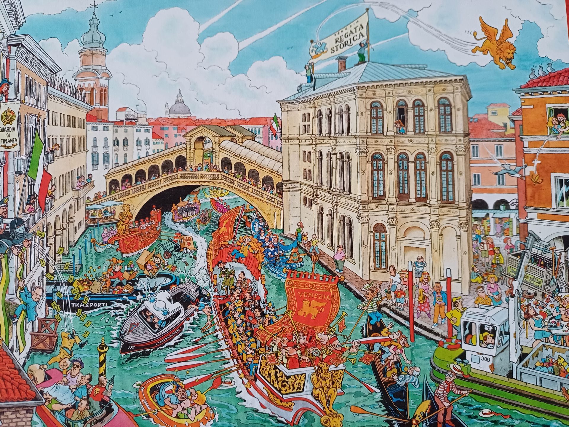 Een Ravensburger puzzel van 1000 stukjes met Venetië, Italië. Een kleurrijk aanzicht van kanalen, gebouwen, bruggen en boten.