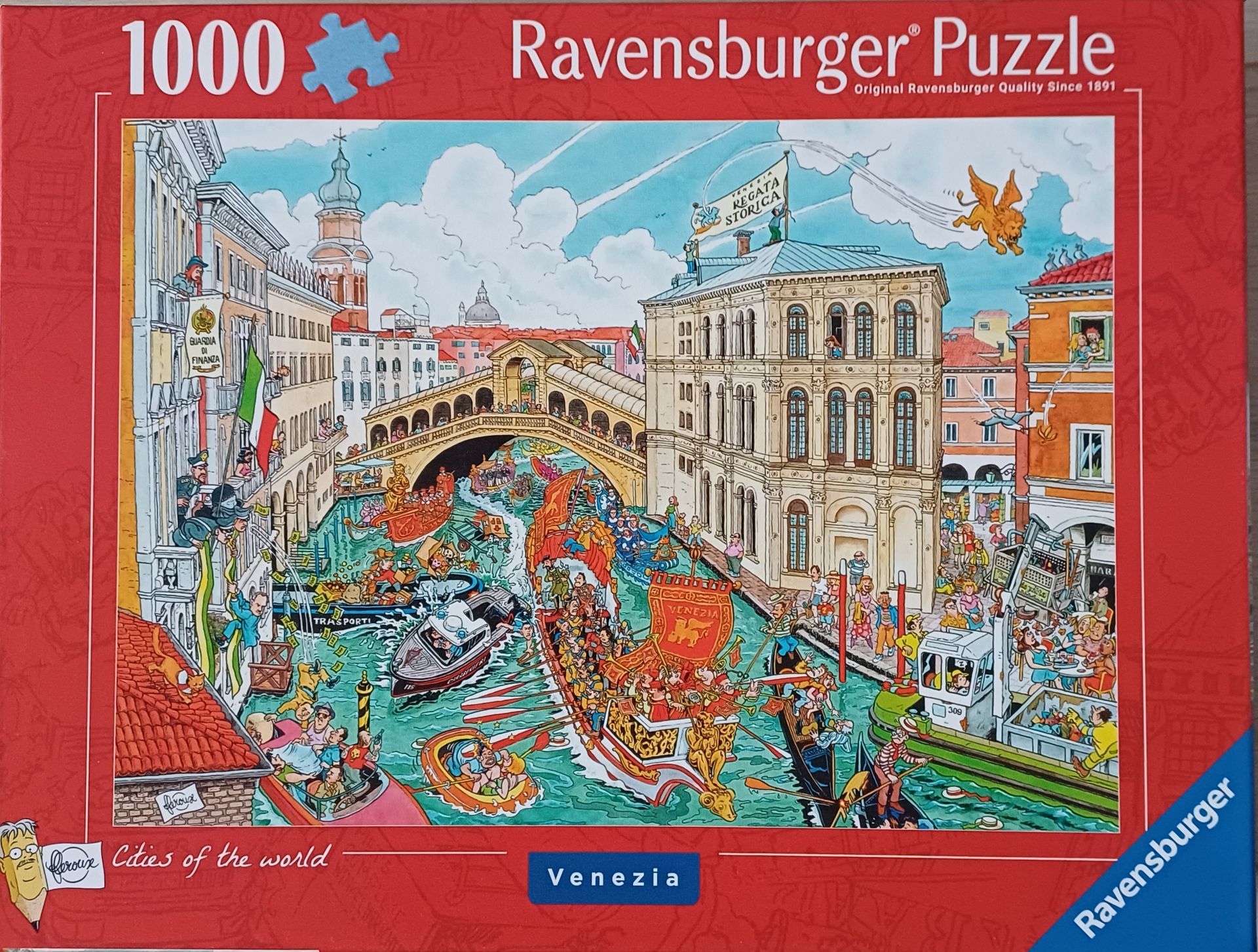Een Ravensburger puzzel van 1000 stukjes met Venetië, Italië. Een kleurrijk aanzicht van kanalen, gebouwen, bruggen en boten.