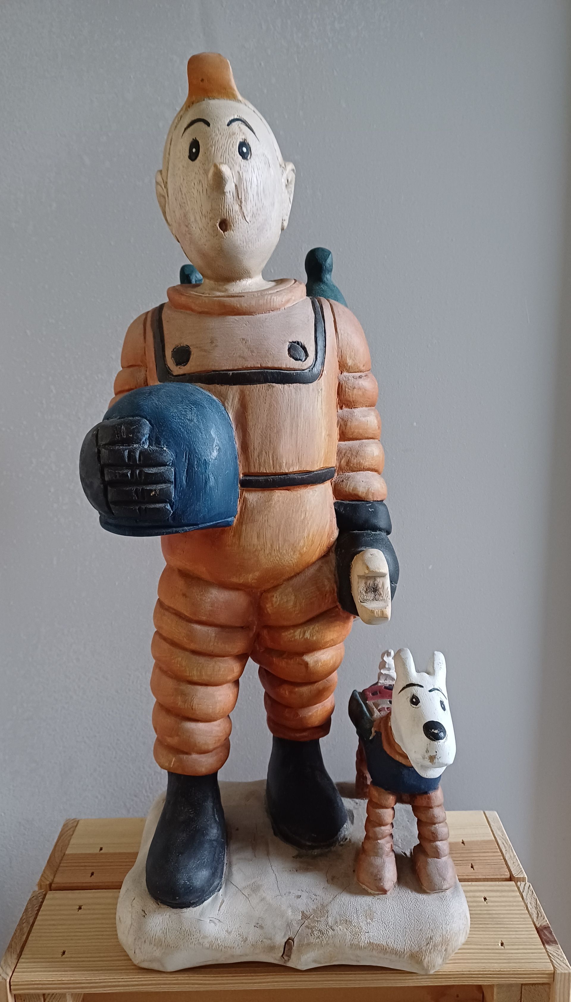 Vintage Herge houten beeld Kuifje en Bobbie in ruimtepak - Tintin.