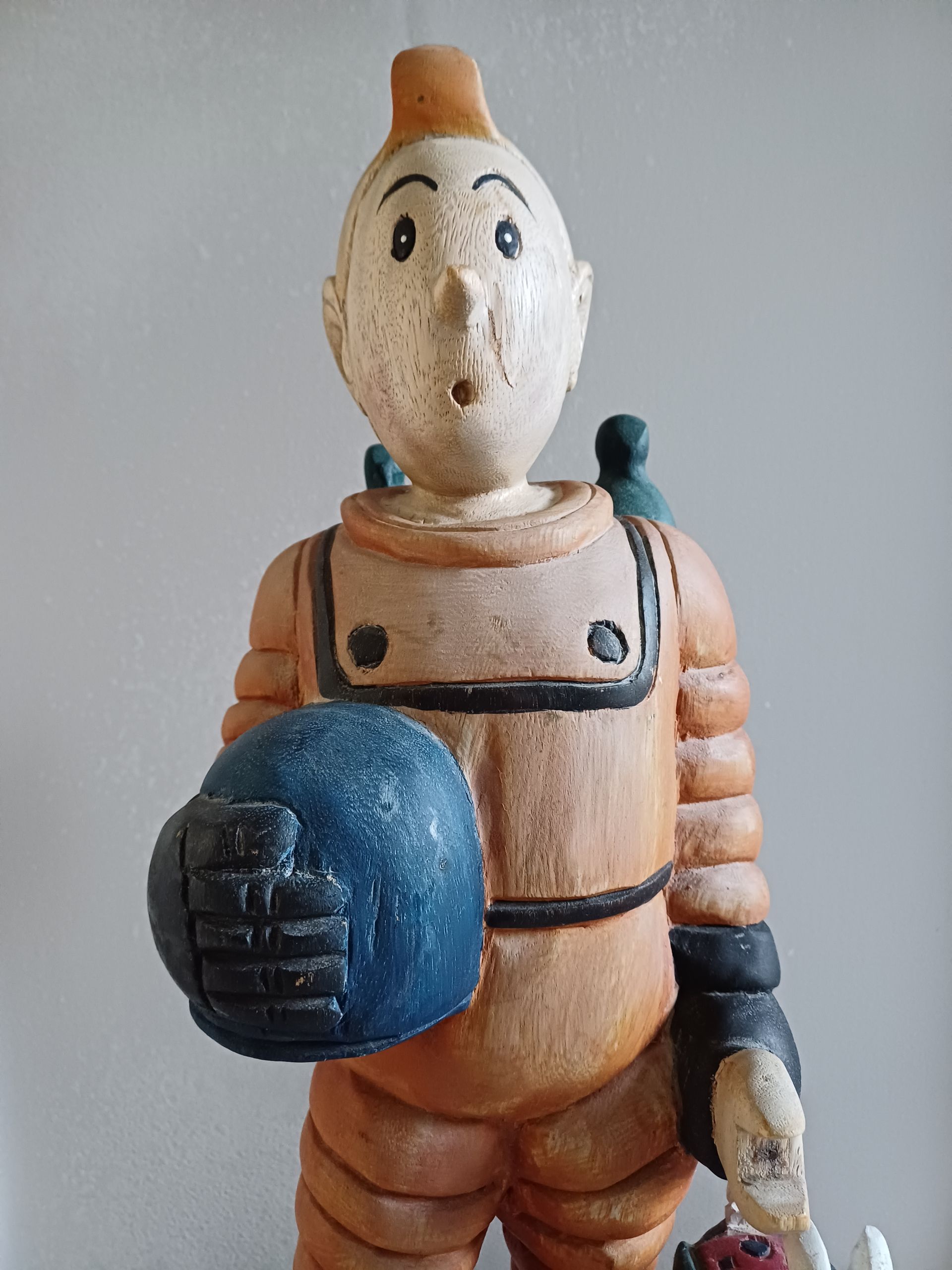 Vintage Herge houten beeld Kuifje en Bobbie in ruimtepak - Tintin.
