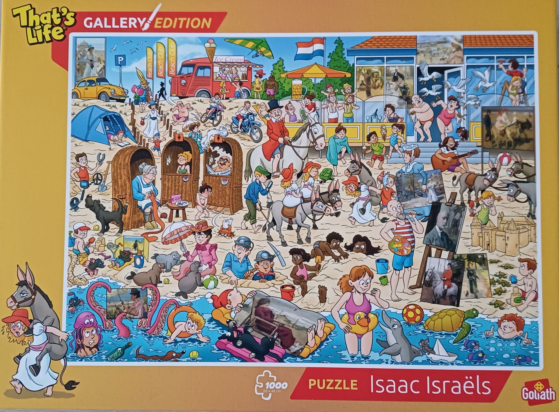 Puzzel met een drukke strandscène met mensen, dieren, gebouwen en kleurrijke details.