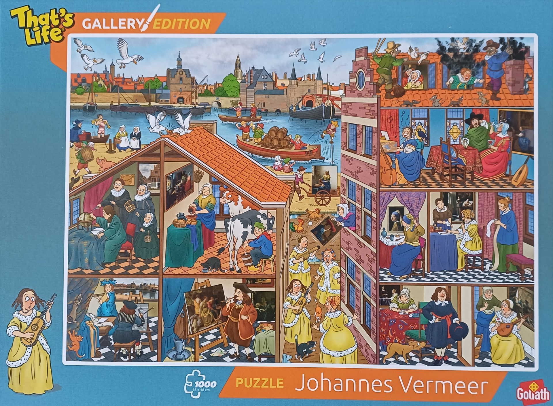 Puzzel van een gebouw en een kanaal, gevuld met mensen in historische kleding; met het opschrift "Johannes Vermeer".