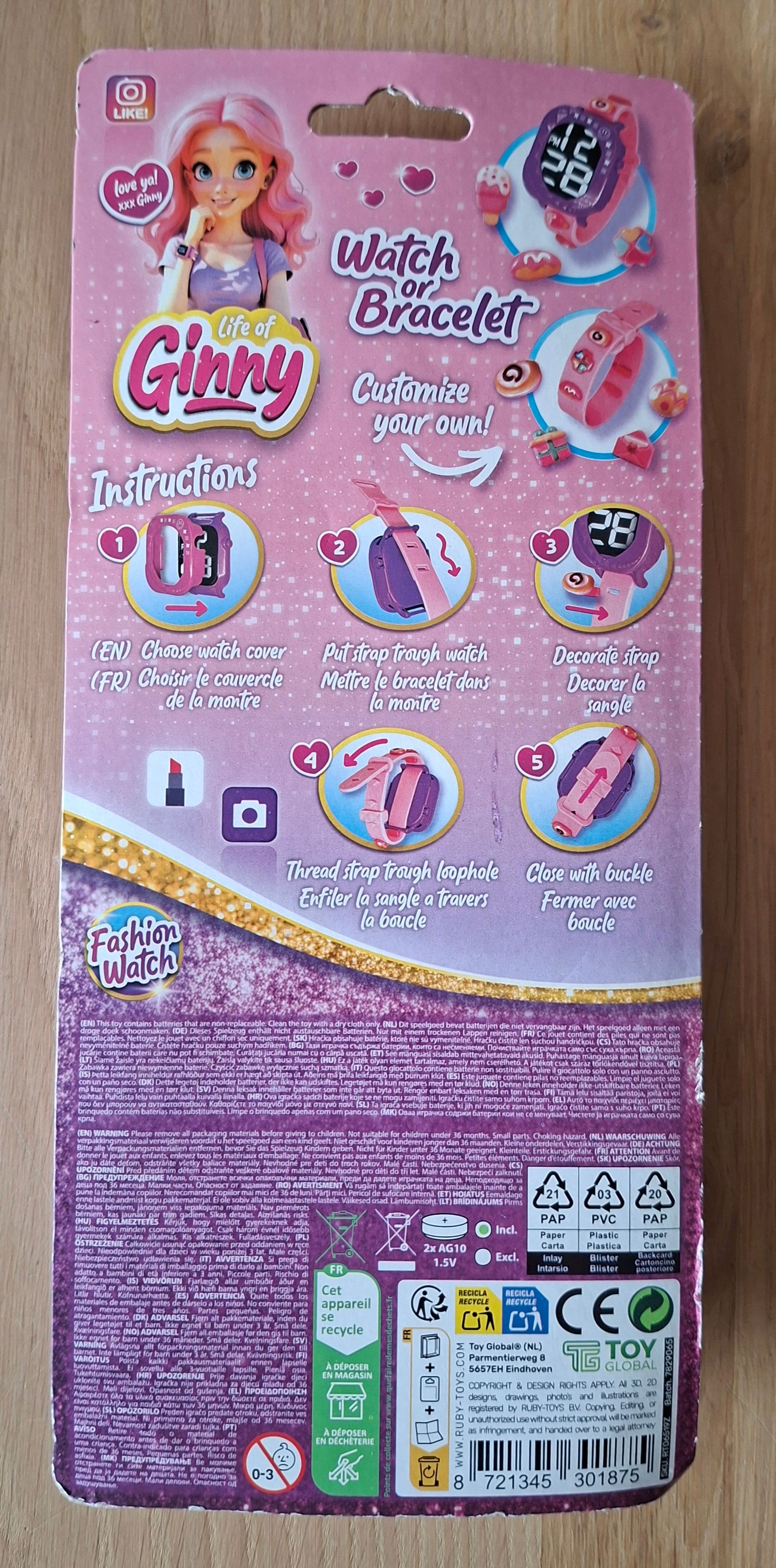 Life of Ginny 2-in-1 Fashion Watch paars - 7 decorative pins - RubyToys