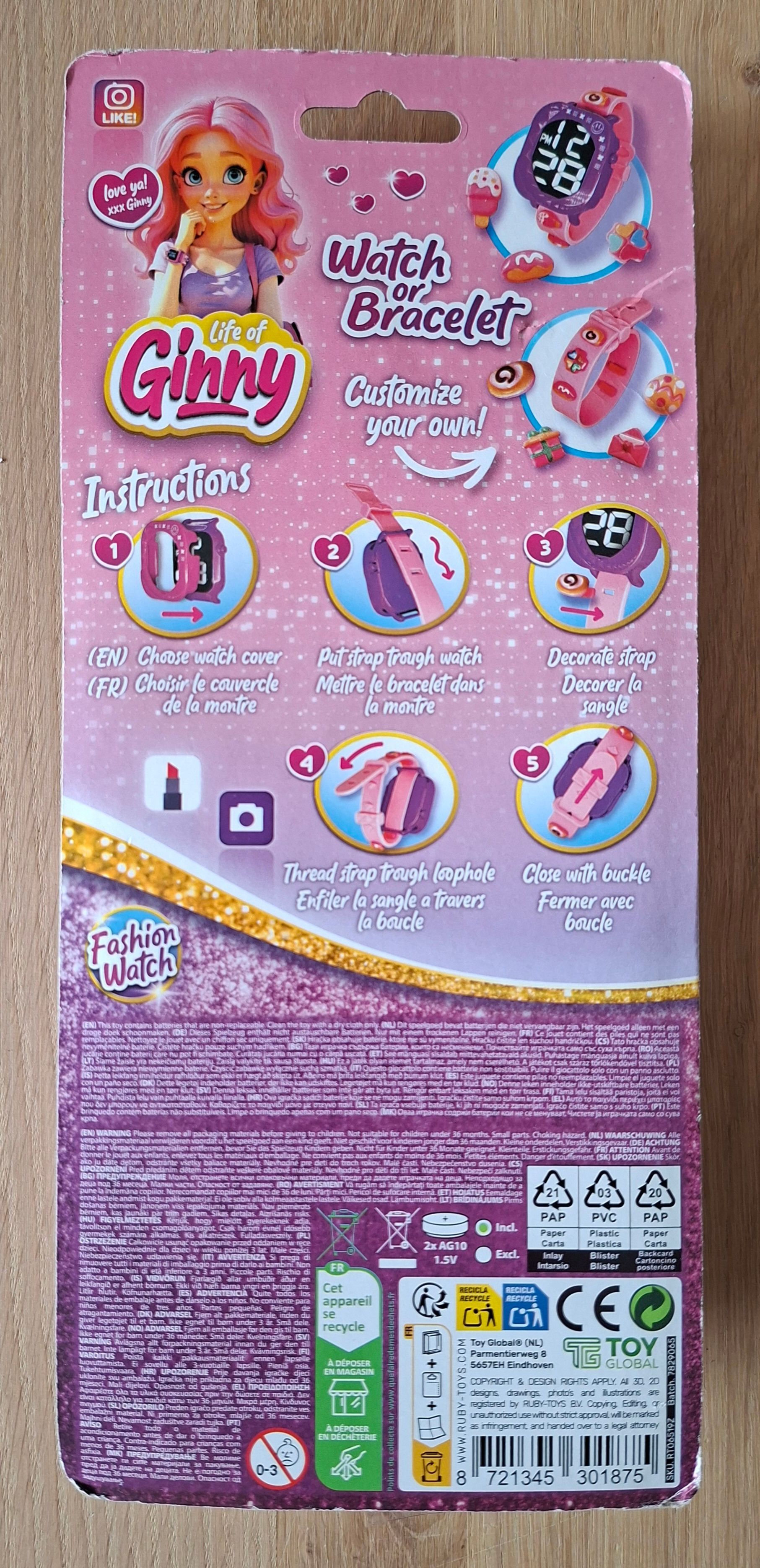 Life of Ginny 2-in-1 Fashion Watch roze - 7 decorative pins - RubyToys